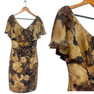 Brown floral dress with flowy collar and slight ruching Connected Macys size 8